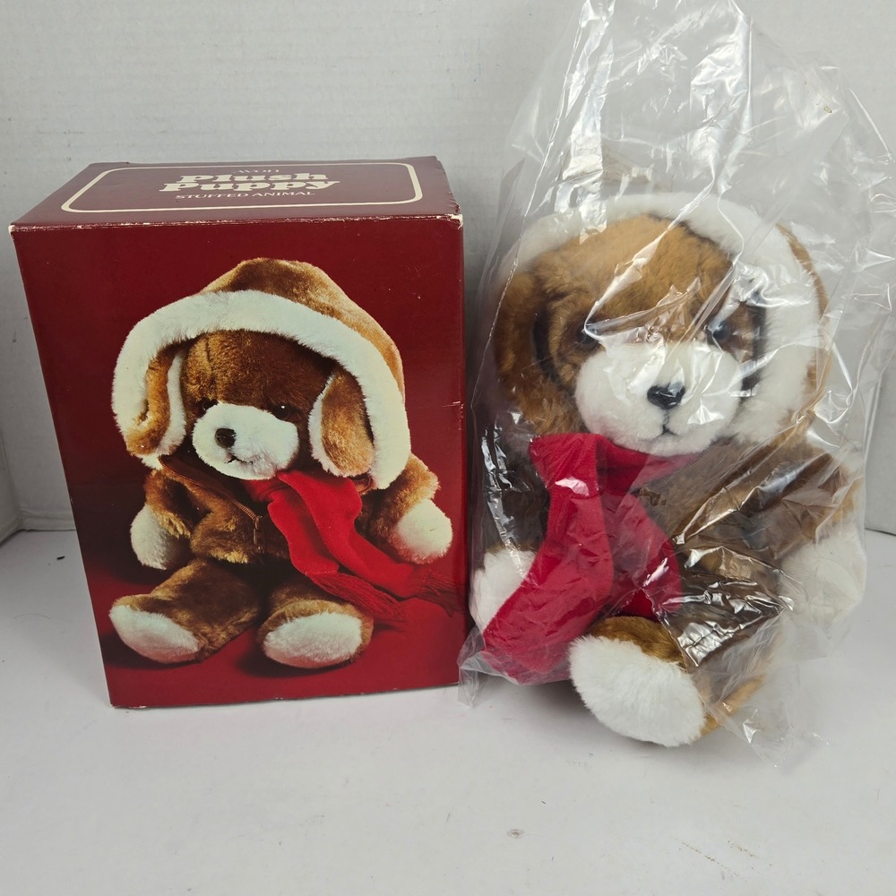 Vintage 1982 Avon Plush Puppy Stuffed Animal Brown w Scarf & Hooded Jacket NWOB